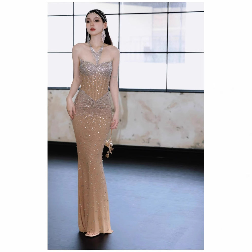 Crystal Rhinestone Strapless Bodycon Maxi Gown | All-Over Hot-Fix Diamonds | Mermaid Evening Dress for Women | Luxury Formal Gala Ball Gown