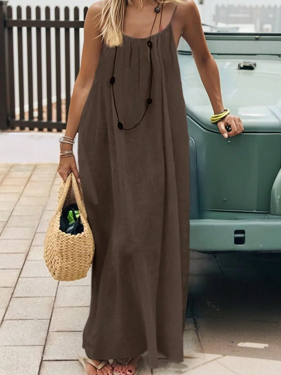 Women's Spaghetti Strap Open Back Loose Maxi Dress — Sexy Backless Slip Sundress, Adjustable Straps Casual Boho Beach Lounge Dress S–5XL in 25+ Colors