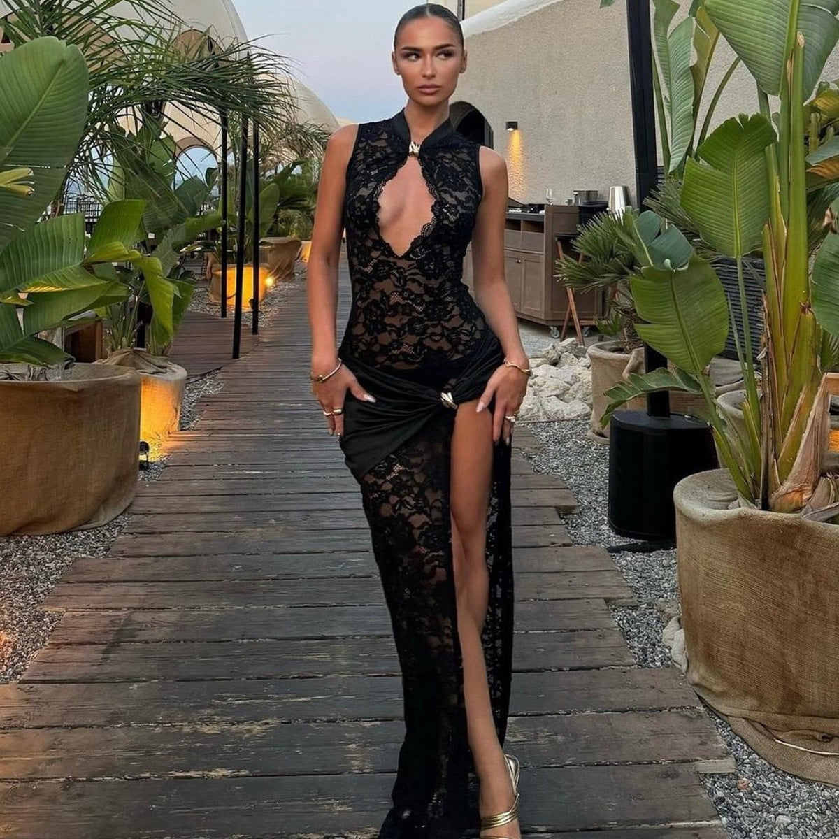 Women's Sheer Lace Keyhole Cutout High Slit Maxi Dress — Sexy Sleeveless Floral Lace Bodycon Evening Gown with Draped Satin Waist, Formal Party Dress S–L in 3 Colors