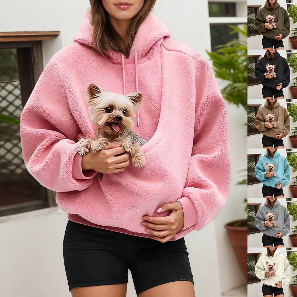 Women's Fluffy Teddy Fleece Oversized Hoodie — Plush Pullover Sweatshirt with Wrap Front Pocket & Drawstring Hood, Cozy Winter Top S–XXL in 7 Colors