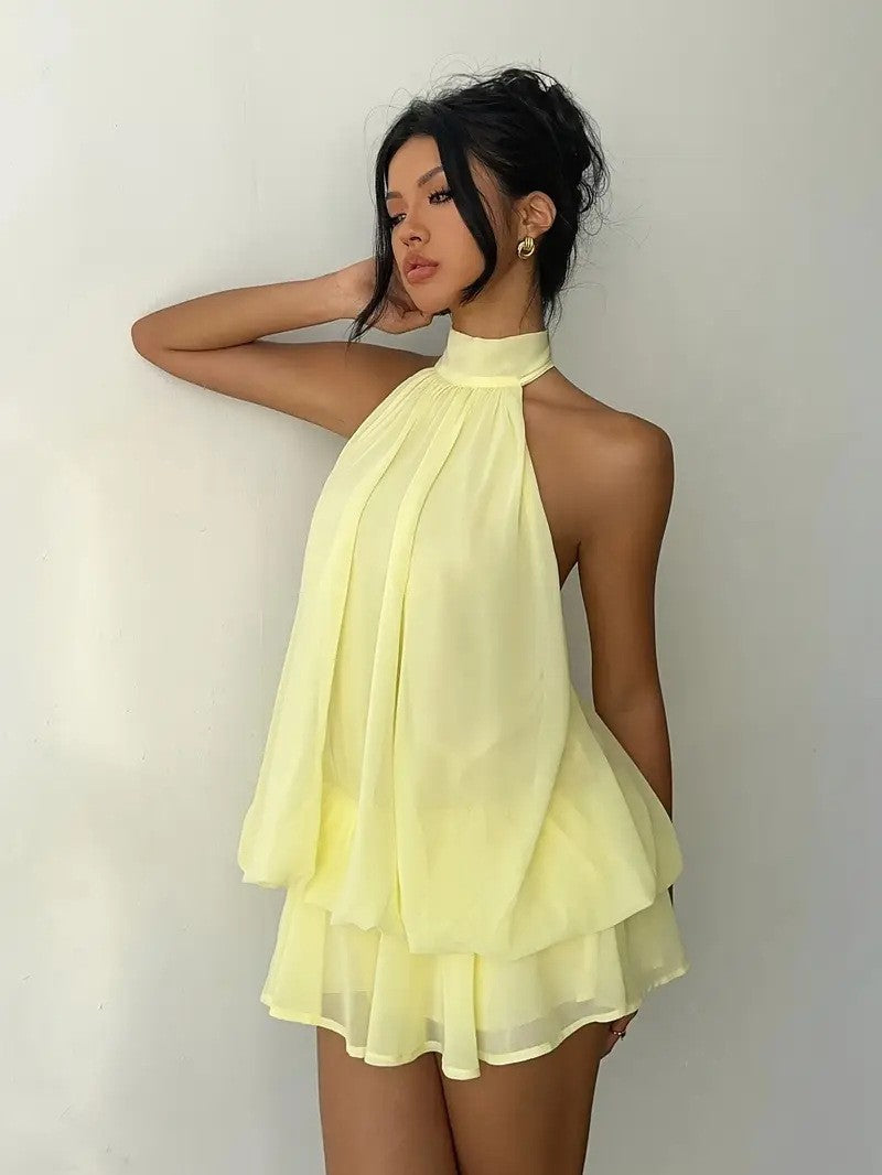 Sexy Chiffon Halter Mini Dress for Women, Island Vacation Backless Flowy Beach Dress, Summer Tea Dress