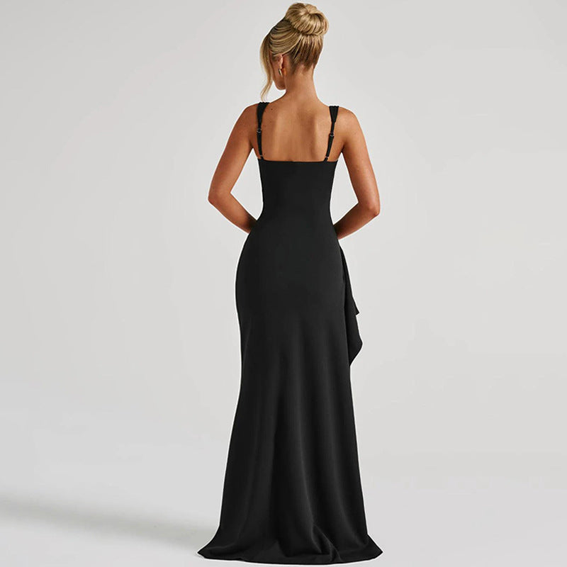 Women's Square Neck Ruched Waist High Slit Maxi Dress — Sexy Sleeveless Stretch Crepe Formal Evening Gown, Elegant Party Dress XS–XL in 17 Colors