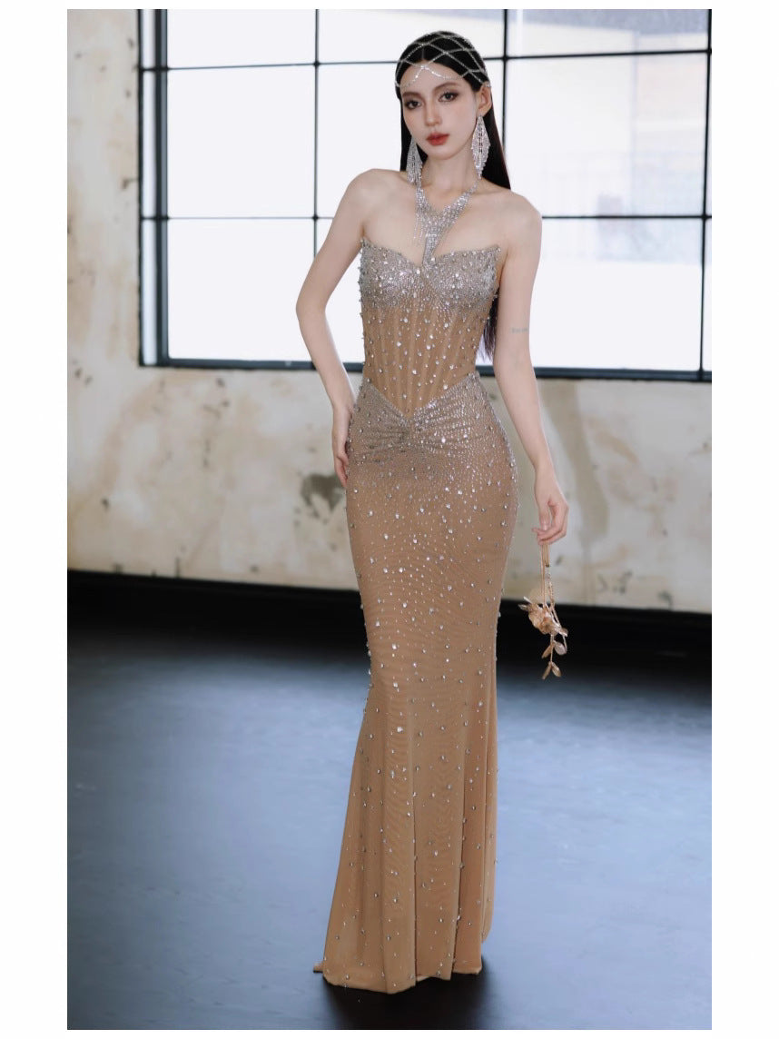 Crystal Rhinestone Strapless Bodycon Maxi Gown | All-Over Hot-Fix Diamonds | Mermaid Evening Dress for Women | Luxury Formal Gala Ball Gown