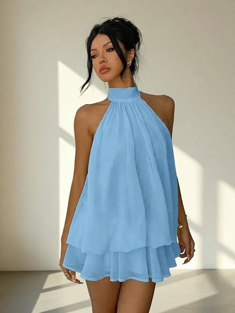 Sexy Chiffon Halter Mini Dress for Women, Island Vacation Backless Flowy Beach Dress, Summer Tea Dress