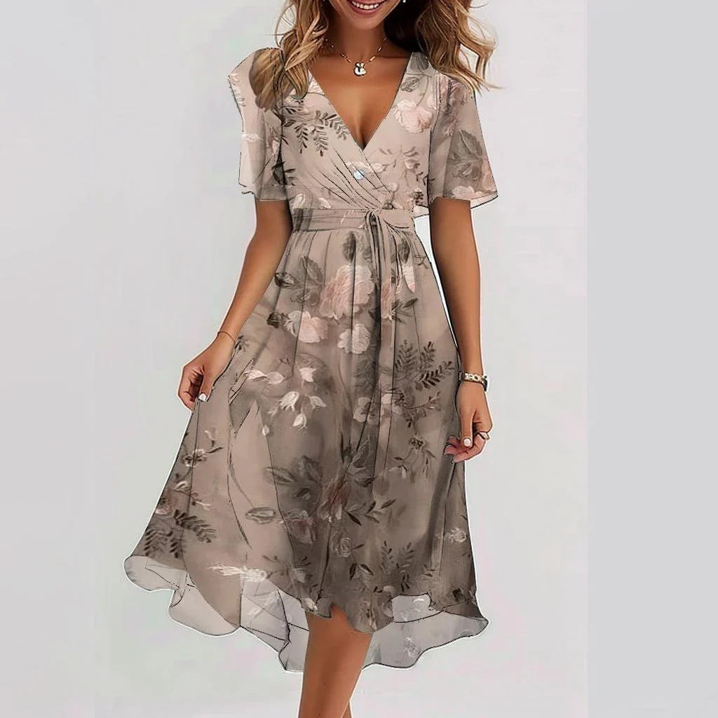 Women's V-Neck Floral Chiffon Midi Dress — Flutter Sleeve Tie Waist Boho Wrap Dress with Handkerchief Hem, Flowy Casual Summer Beach Dress S–3XL in 16 Prints