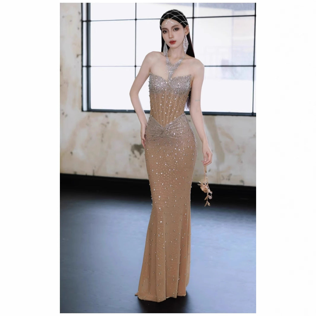 Crystal Rhinestone Strapless Bodycon Maxi Gown | All-Over Hot-Fix Diamonds | Mermaid Evening Dress for Women | Luxury Formal Gala Ball Gown