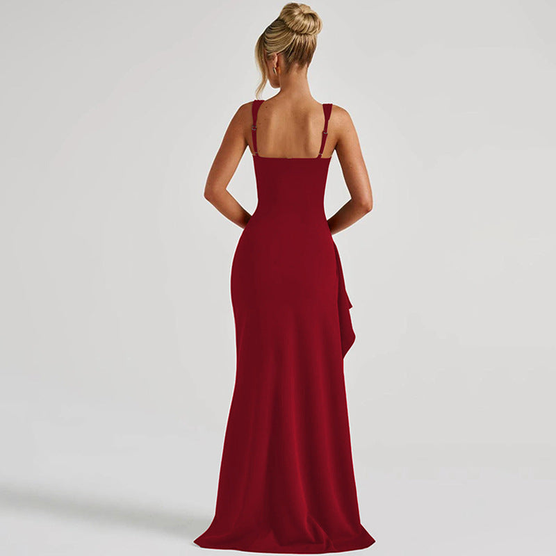 Women's Square Neck Ruched Waist High Slit Maxi Dress — Sexy Sleeveless Stretch Crepe Formal Evening Gown, Elegant Party Dress XS–XL in 17 Colors
