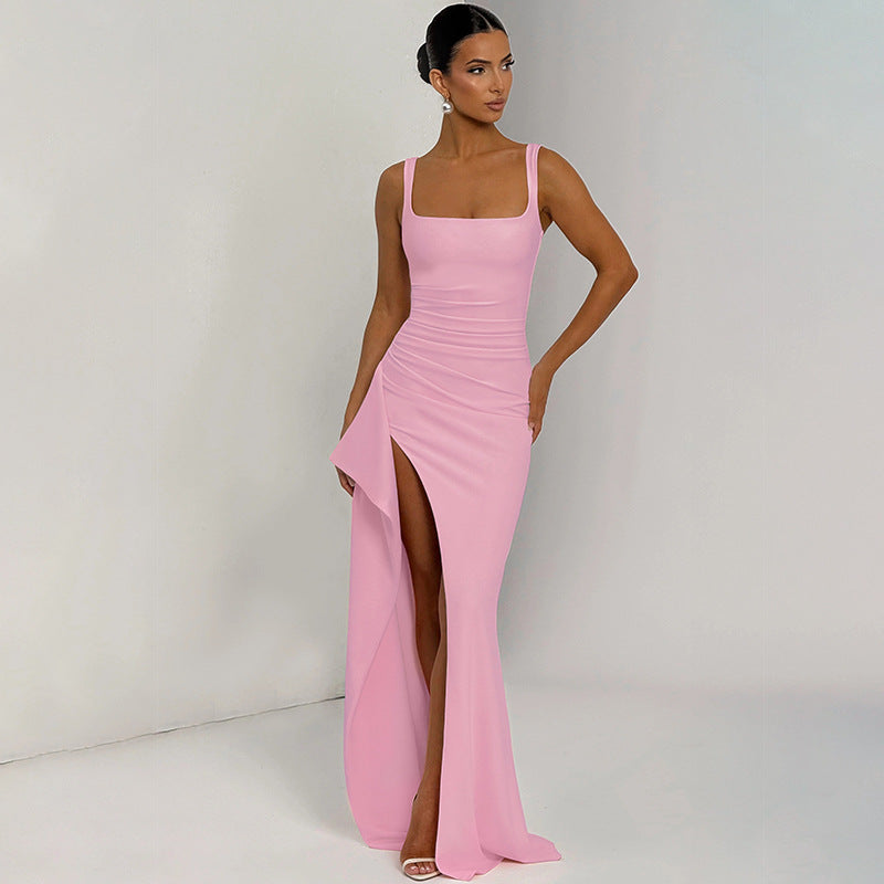 Women's Square Neck Ruched Waist High Slit Maxi Dress — Sexy Sleeveless Stretch Crepe Formal Evening Gown, Elegant Party Dress XS–XL in 17 Colors