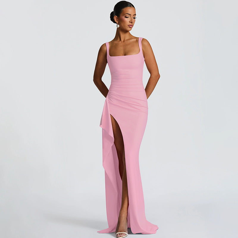 Women's Square Neck Ruched Waist High Slit Maxi Dress — Sexy Sleeveless Stretch Crepe Formal Evening Gown, Elegant Party Dress XS–XL in 17 Colors