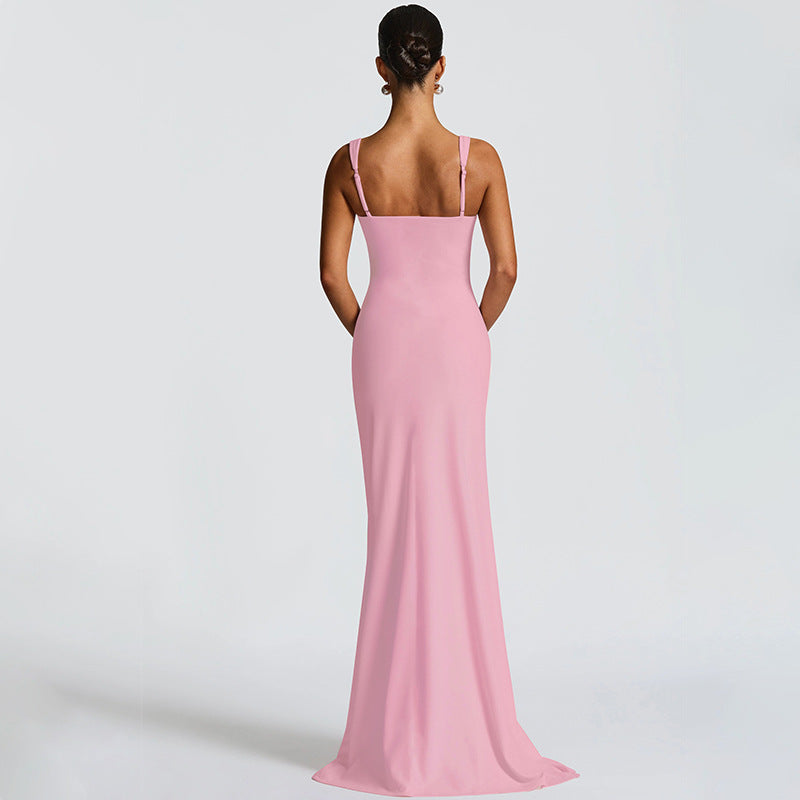 Women's Square Neck Ruched Waist High Slit Maxi Dress — Sexy Sleeveless Stretch Crepe Formal Evening Gown, Elegant Party Dress XS–XL in 17 Colors