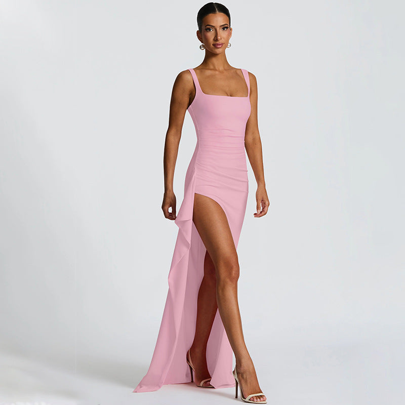 Women's Square Neck Ruched Waist High Slit Maxi Dress — Sexy Sleeveless Stretch Crepe Formal Evening Gown, Elegant Party Dress XS–XL in 17 Colors