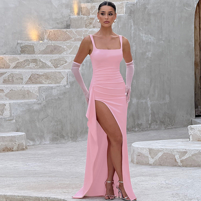Women's Square Neck Ruched Waist High Slit Maxi Dress — Sexy Sleeveless Stretch Crepe Formal Evening Gown, Elegant Party Dress XS–XL in 17 Colors