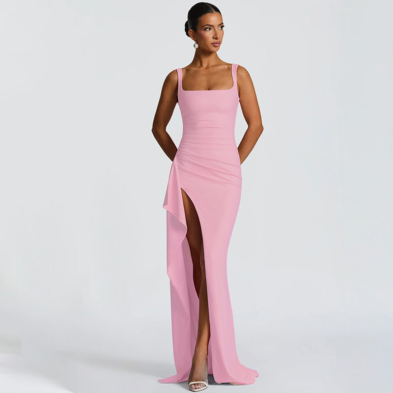 Women's Square Neck Ruched Waist High Slit Maxi Dress — Sexy Sleeveless Stretch Crepe Formal Evening Gown, Elegant Party Dress XS–XL in 17 Colors