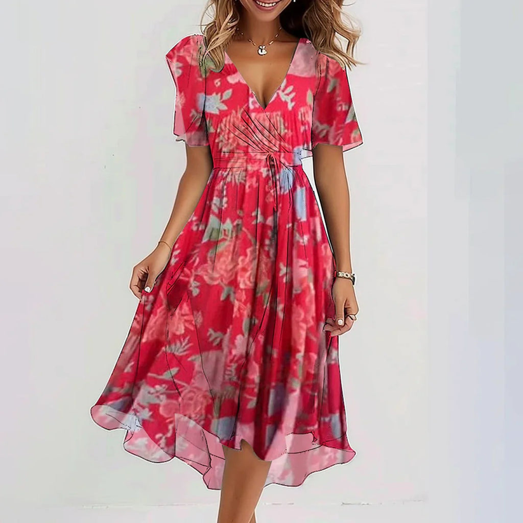 Women's V-Neck Floral Chiffon Midi Dress — Flutter Sleeve Tie Waist Boho Wrap Dress with Handkerchief Hem, Flowy Casual Summer Beach Dress S–3XL in 16 Prints