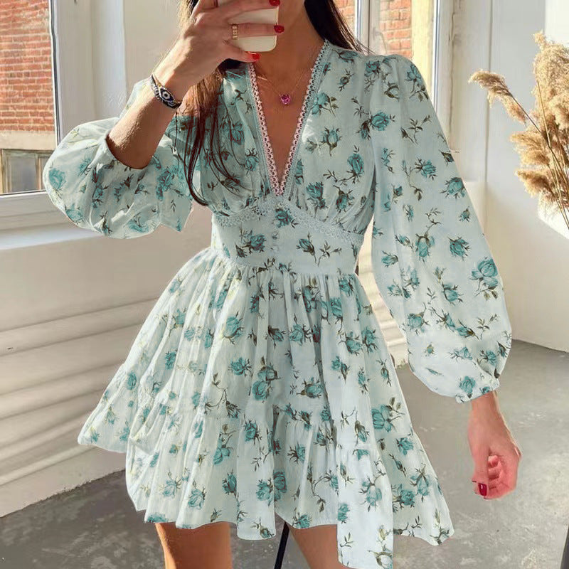 Women's V-Neck Lace Trim Floral Mini Dress — Romantic Puff Sleeve Tiered Ruffle Skirt Short Dress, Sweet Boho Floral Party Dress S–XXXL in 9 Prints