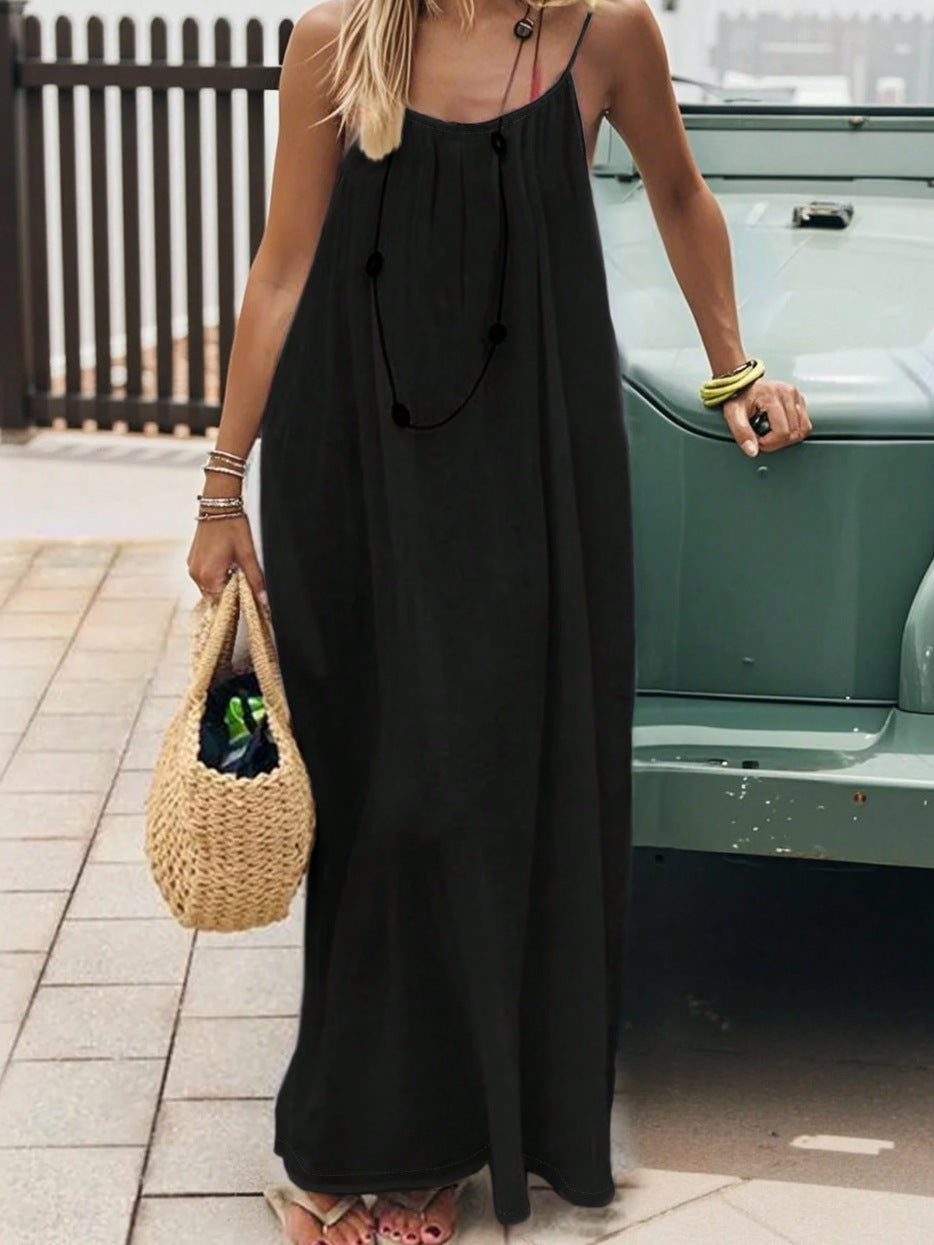 Women's Spaghetti Strap Open Back Loose Maxi Dress — Sexy Backless Slip Sundress, Adjustable Straps Casual Boho Beach Lounge Dress S–5XL in 25+ Colors