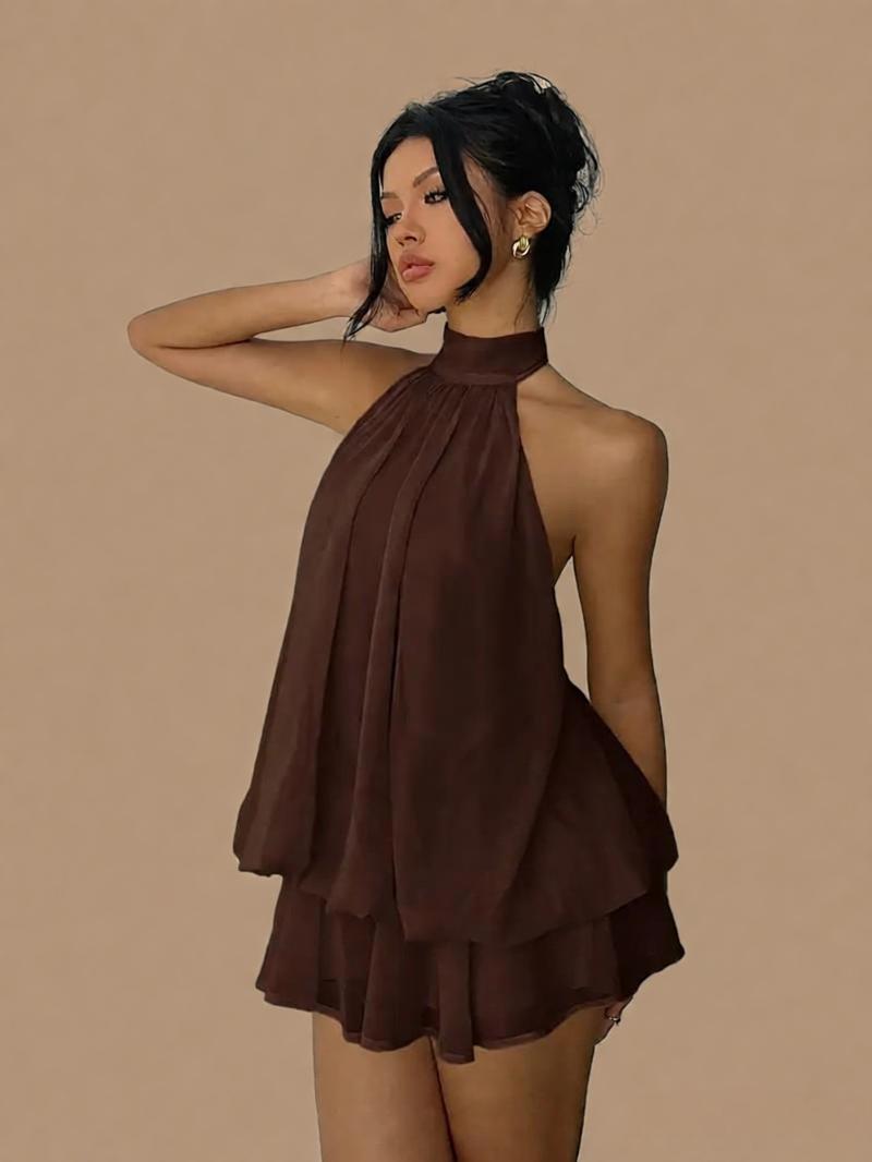 Sexy Chiffon Halter Mini Dress for Women, Island Vacation Backless Flowy Beach Dress, Summer Tea Dress