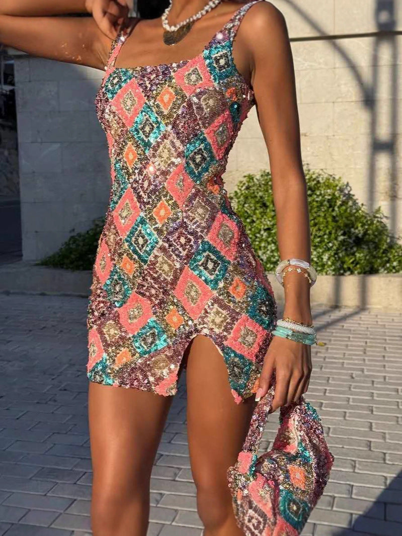 Women's Diamond Sequin Bodycon Mini Dress — Colorful Geometric Sequin Party Dress with Side Slit, Sparkle Sleeveless Club Dress S–XL in 15+ Colors