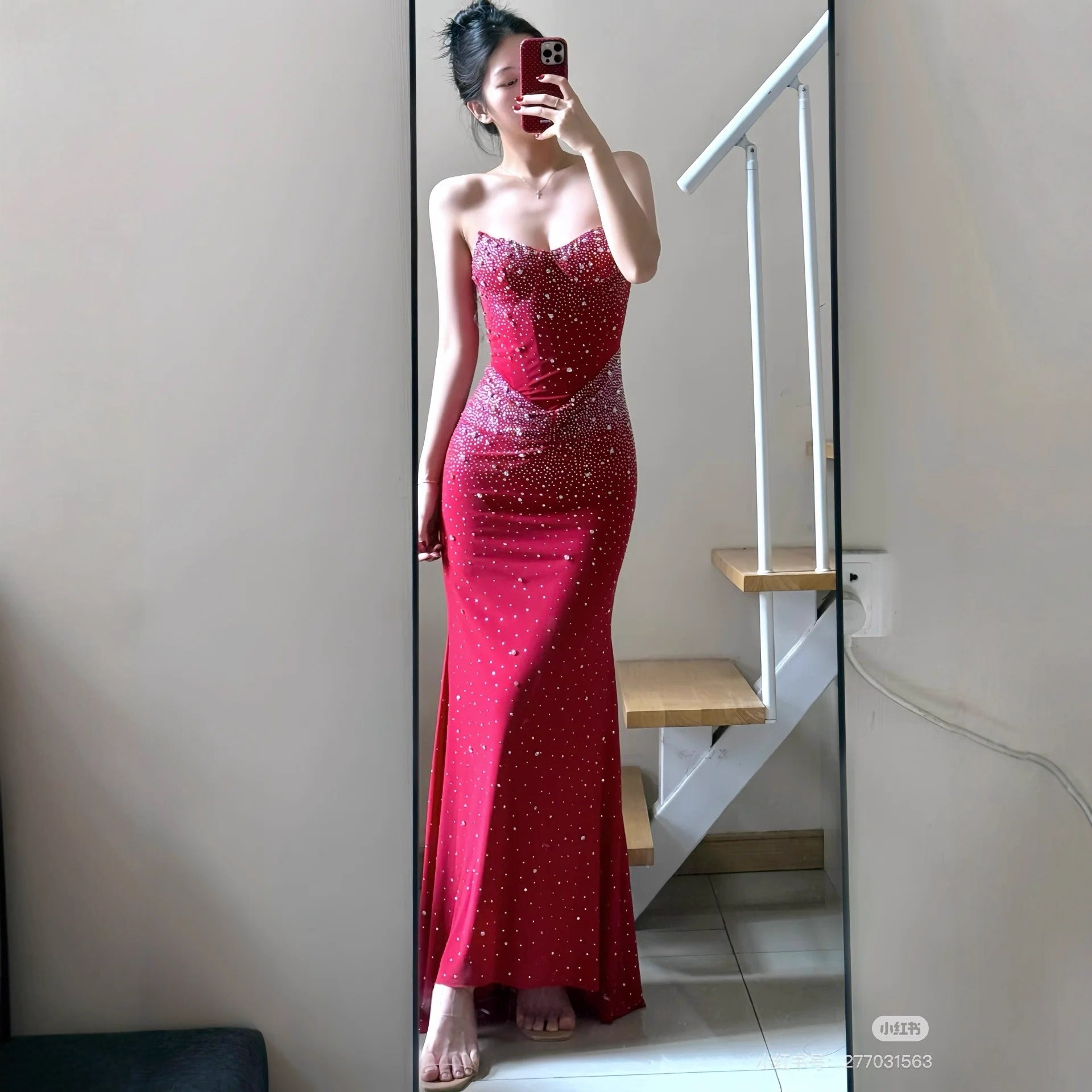 Crystal Rhinestone Strapless Bodycon Maxi Gown | All-Over Hot-Fix Diamonds | Mermaid Evening Dress for Women | Luxury Formal Gala Ball Gown