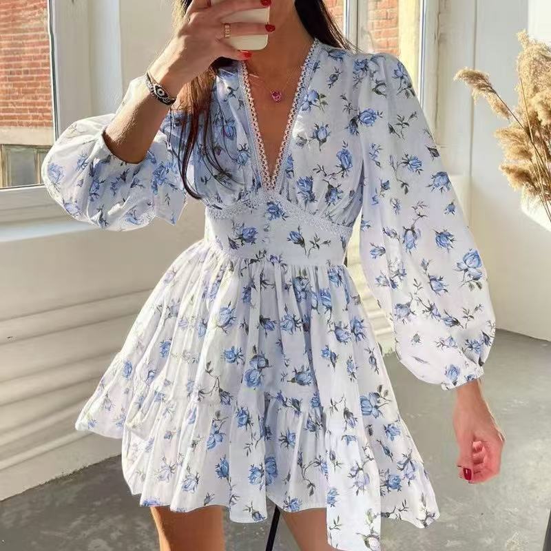 Women's V-Neck Lace Trim Floral Mini Dress — Romantic Puff Sleeve Tiered Ruffle Skirt Short Dress, Sweet Boho Floral Party Dress S–XXXL in 9 Prints