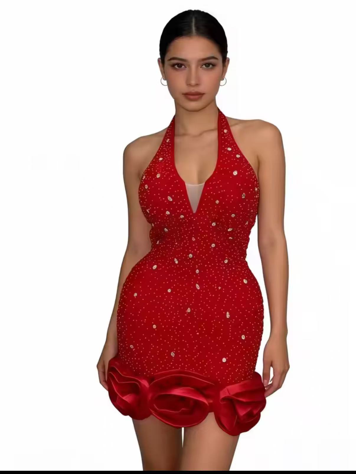 2026 Luxury Rhinestone Beaded Halter Mini Dress for Women, Sexy Deep V Couture Party Dinner Dress
