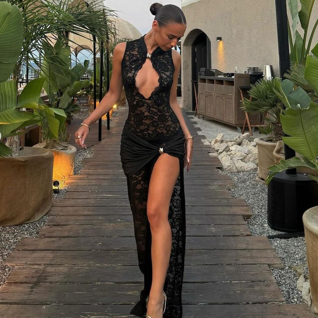Women's Sheer Lace Keyhole Cutout High Slit Maxi Dress — Sexy Sleeveless Floral Lace Bodycon Evening Gown with Draped Satin Waist, Formal Party Dress S–L in 3 Colors