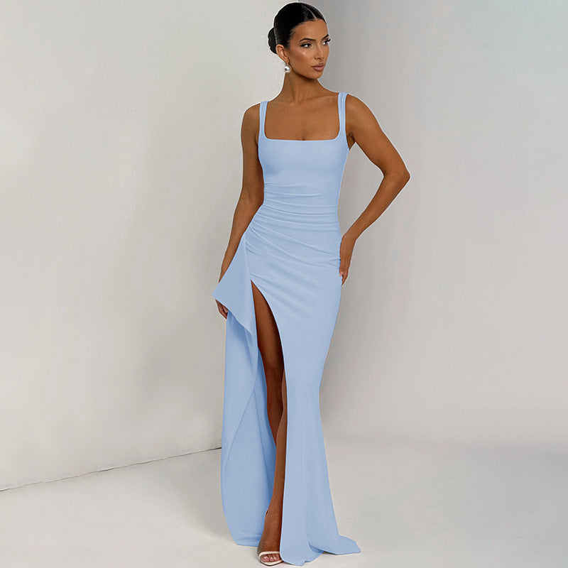 Women's Square Neck Ruched Waist High Slit Maxi Dress — Sexy Sleeveless Stretch Crepe Formal Evening Gown, Elegant Party Dress XS–XL in 17 Colors