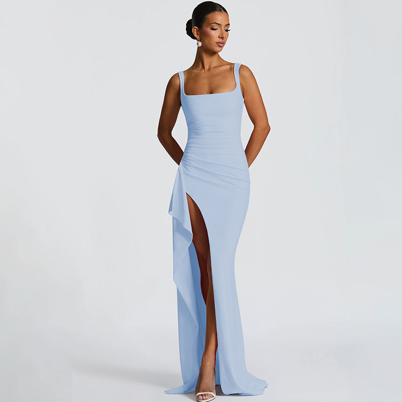 Women's Square Neck Ruched Waist High Slit Maxi Dress — Sexy Sleeveless Stretch Crepe Formal Evening Gown, Elegant Party Dress XS–XL in 17 Colors