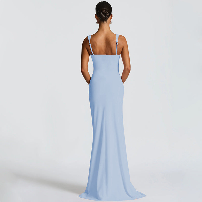 Women's Square Neck Ruched Waist High Slit Maxi Dress — Sexy Sleeveless Stretch Crepe Formal Evening Gown, Elegant Party Dress XS–XL in 17 Colors