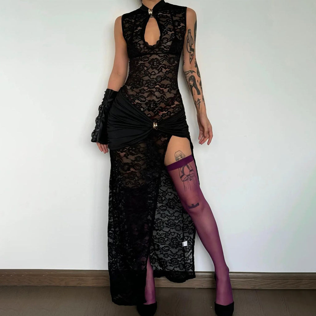 Women's Sheer Lace Keyhole Cutout High Slit Maxi Dress — Sexy Sleeveless Floral Lace Bodycon Evening Gown with Draped Satin Waist, Formal Party Dress S–L in 3 Colors