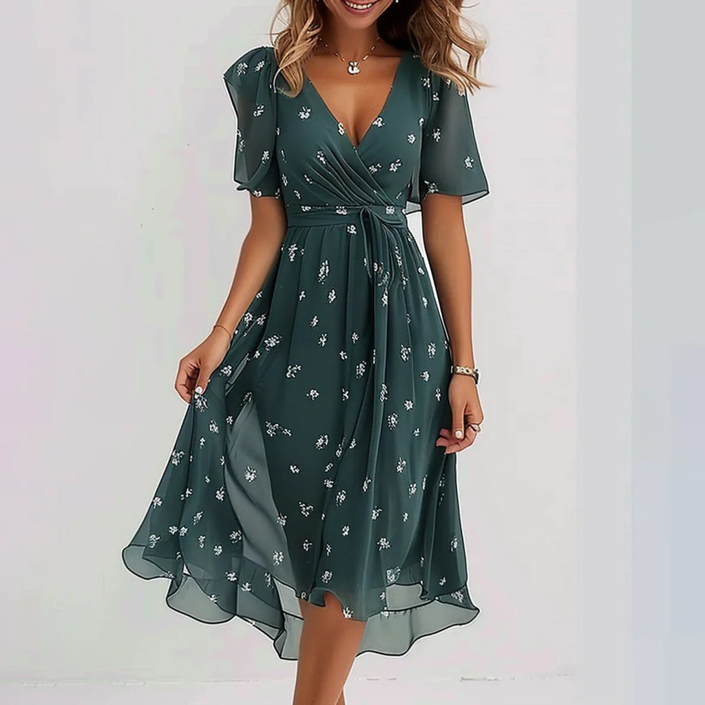 Women's V-Neck Floral Chiffon Midi Dress — Flutter Sleeve Tie Waist Boho Wrap Dress with Handkerchief Hem, Flowy Casual Summer Beach Dress S–3XL in 16 Prints