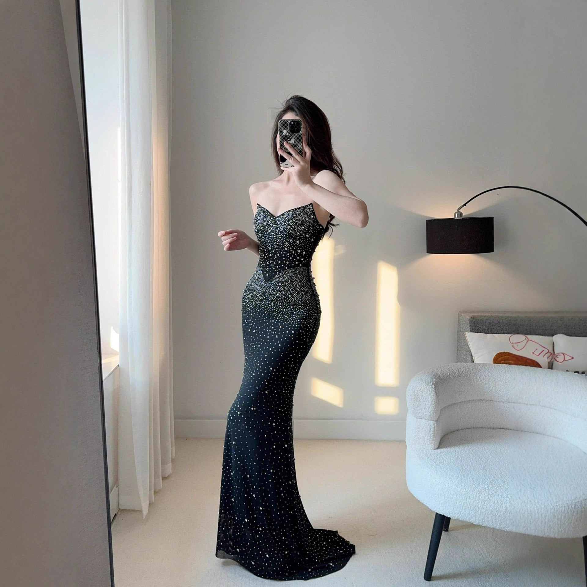Crystal Rhinestone Strapless Bodycon Maxi Gown | All-Over Hot-Fix Diamonds | Mermaid Evening Dress for Women | Luxury Formal Gala Ball Gown