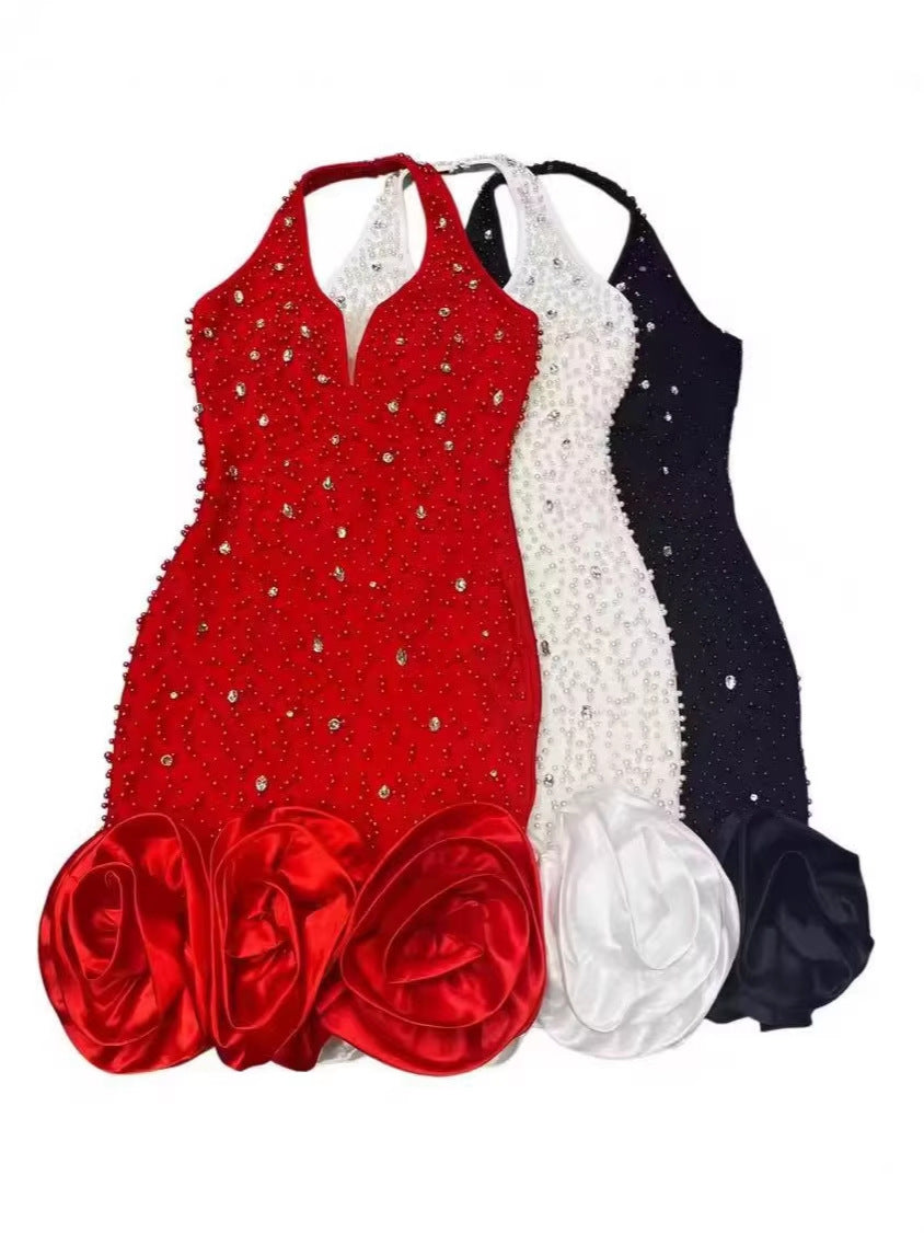 2026 Luxury Rhinestone Beaded Halter Mini Dress for Women, Sexy Deep V Couture Party Dinner Dress
