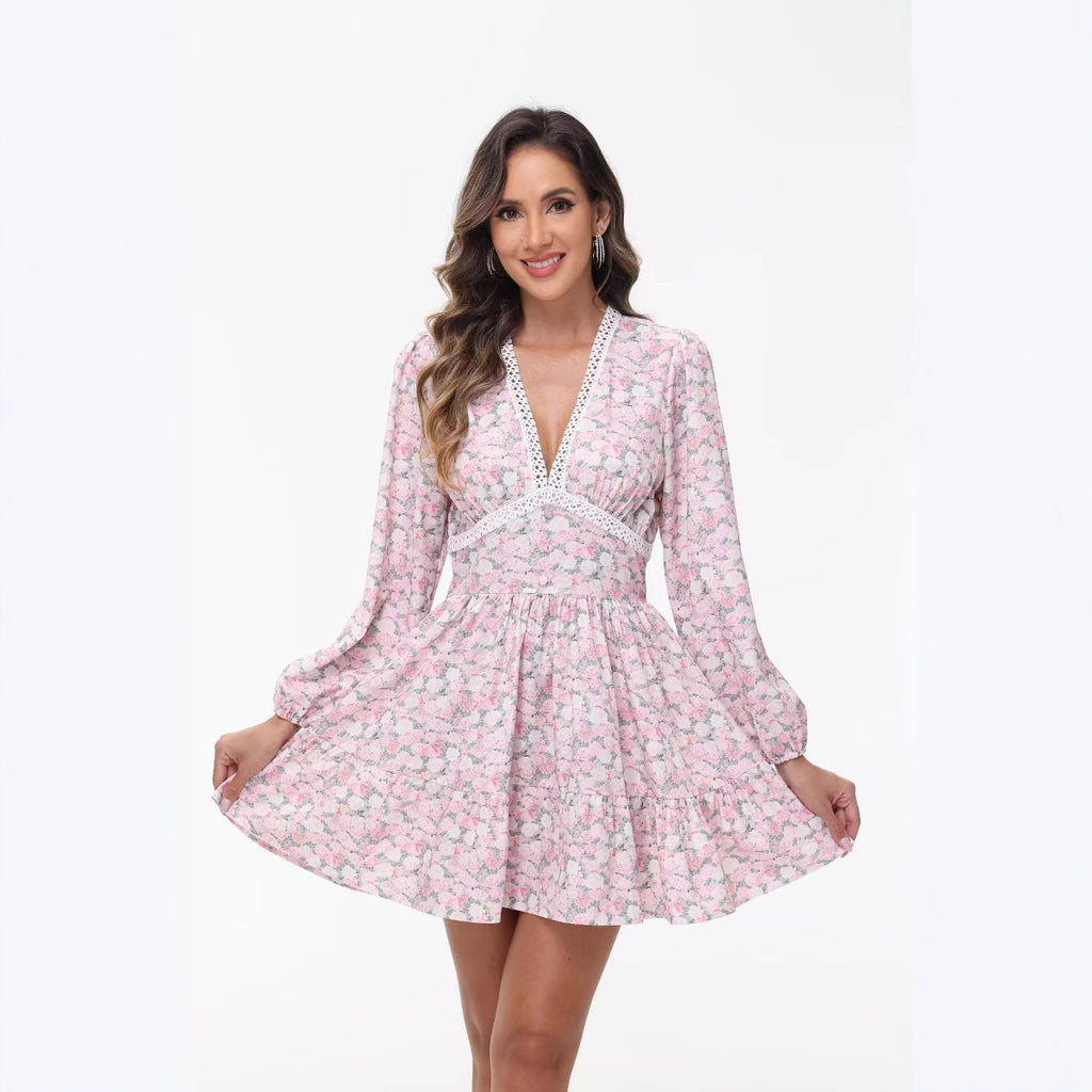 Women's V-Neck Lace Trim Floral Mini Dress — Romantic Puff Sleeve Tiered Ruffle Skirt Short Dress, Sweet Boho Floral Party Dress S–XXXL in 9 Prints
