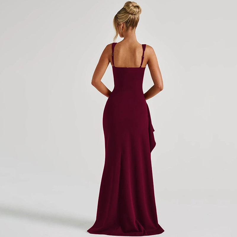 Women's Square Neck Ruched Waist High Slit Maxi Dress — Sexy Sleeveless Stretch Crepe Formal Evening Gown, Elegant Party Dress XS–XL in 17 Colors