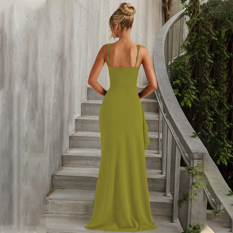 Women's Square Neck Ruched Waist High Slit Maxi Dress — Sexy Sleeveless Stretch Crepe Formal Evening Gown, Elegant Party Dress XS–XL in 17 Colors
