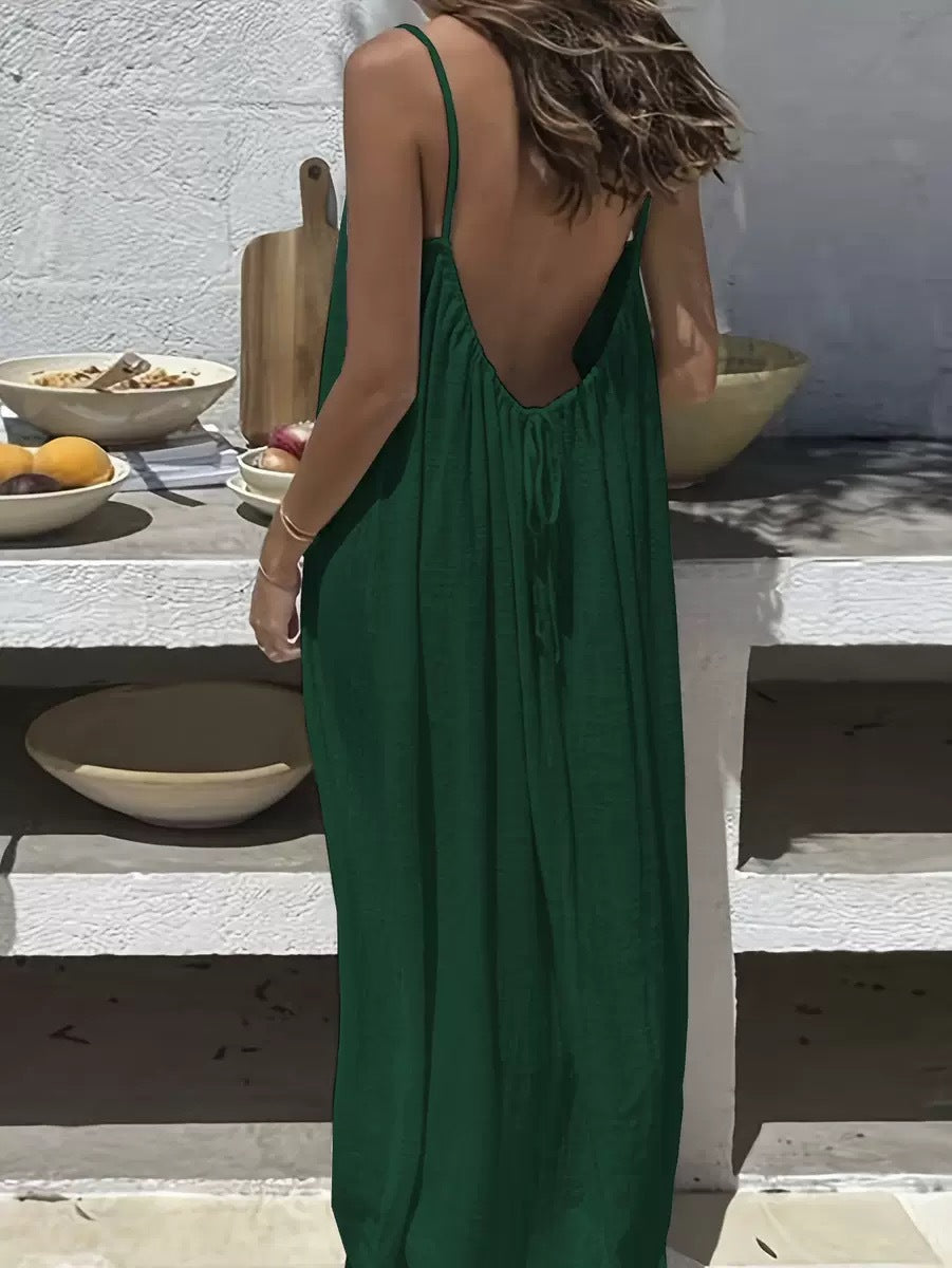 Women's Spaghetti Strap Open Back Loose Maxi Dress — Sexy Backless Slip Sundress, Adjustable Straps Casual Boho Beach Lounge Dress S–5XL in 25+ Colors