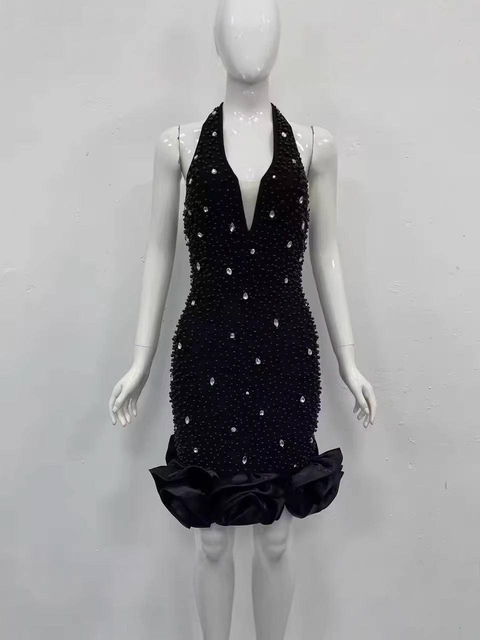 2026 Luxury Rhinestone Beaded Halter Mini Dress for Women, Sexy Deep V Couture Party Dinner Dress