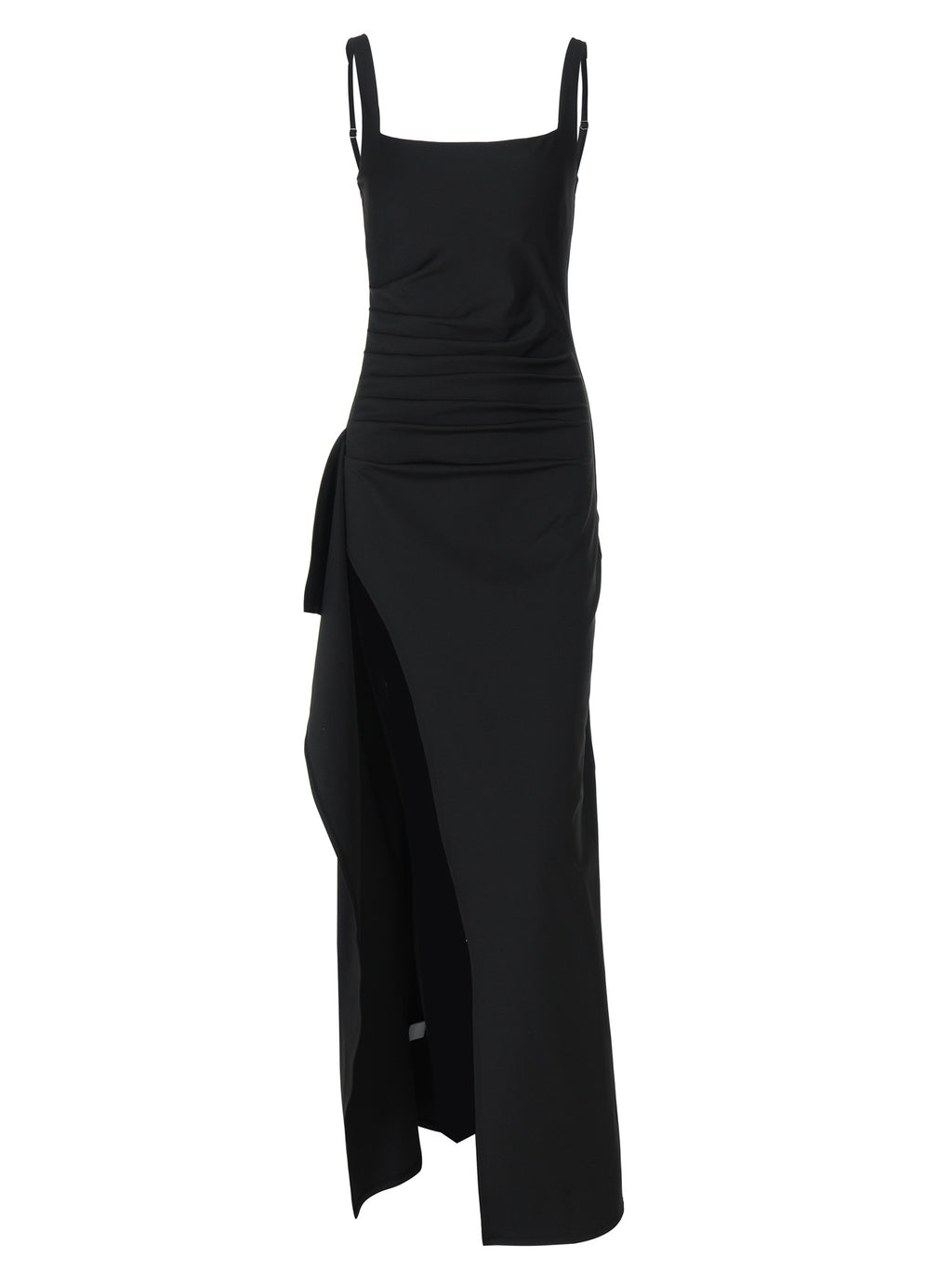 Women's Square Neck Ruched Waist High Slit Maxi Dress — Sexy Sleeveless Stretch Crepe Formal Evening Gown, Elegant Party Dress XS–XL in 17 Colors