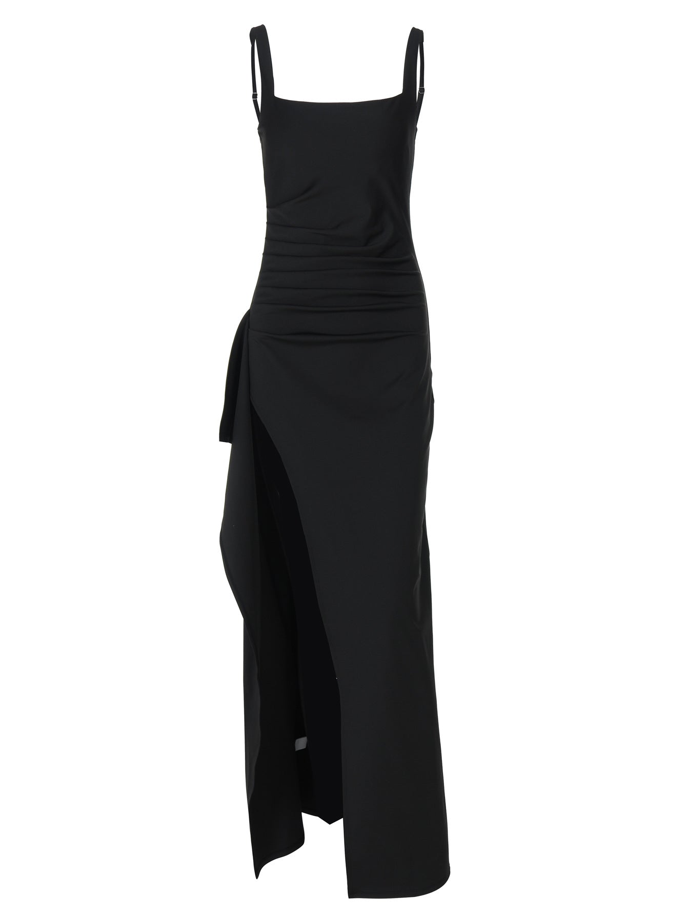 Women's Square Neck Ruched Waist High Slit Maxi Dress — Sexy Sleeveless Stretch Crepe Formal Evening Gown, Elegant Party Dress XS–XL in 17 Colors