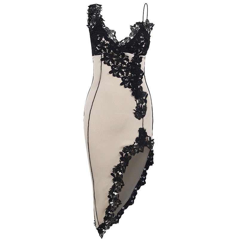 Sexy Deep V Lace Spaghetti Strap Bodycon Mini Dress for Women, Backless Slim Fit Party Club Dress