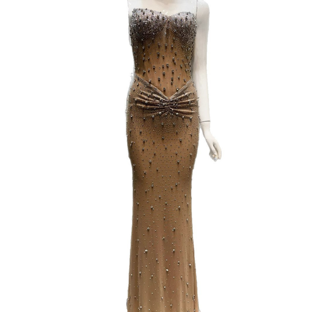 Crystal Rhinestone Strapless Bodycon Maxi Gown | All-Over Hot-Fix Diamonds | Mermaid Evening Dress for Women | Luxury Formal Gala Ball Gown