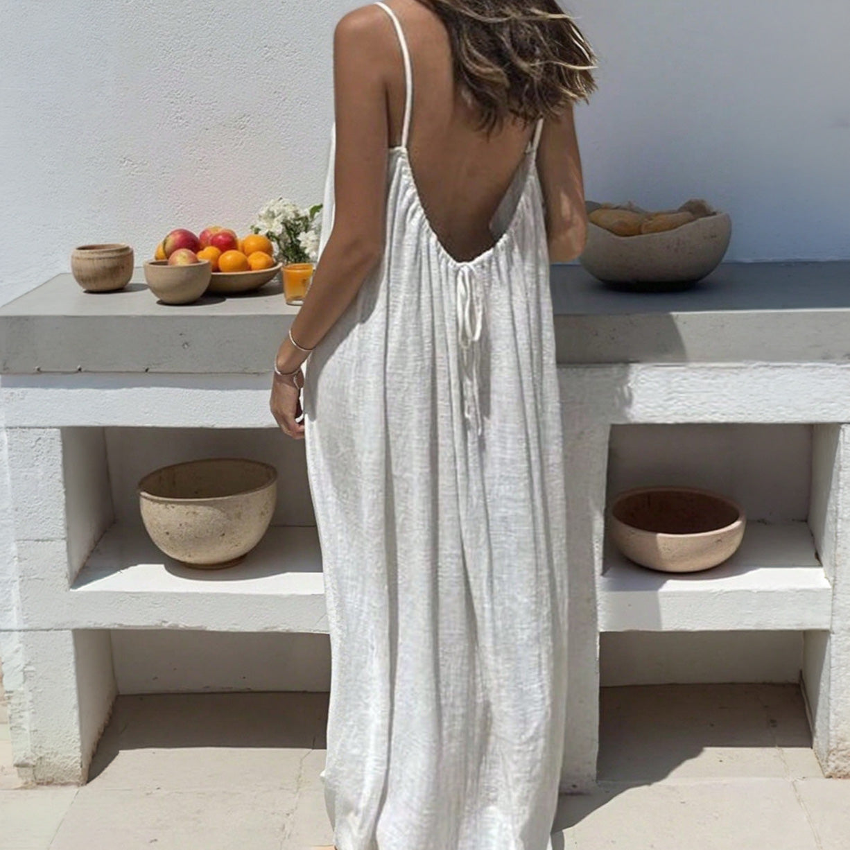 Women's Spaghetti Strap Open Back Loose Maxi Dress — Sexy Backless Slip Sundress, Adjustable Straps Casual Boho Beach Lounge Dress S–5XL in 25+ Colors