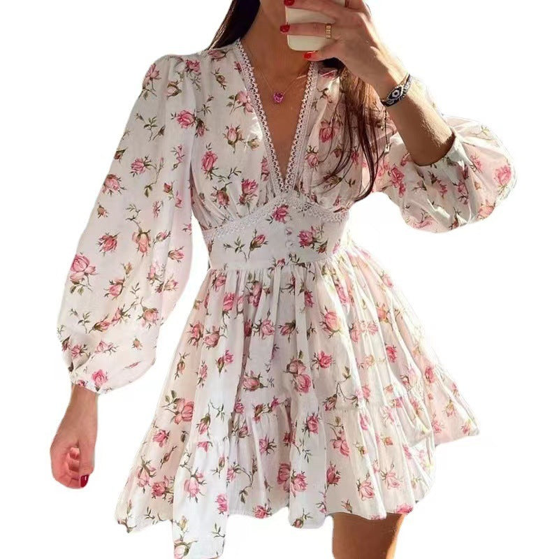Women's V-Neck Lace Trim Floral Mini Dress — Romantic Puff Sleeve Tiered Ruffle Skirt Short Dress, Sweet Boho Floral Party Dress S–XXXL in 9 Prints
