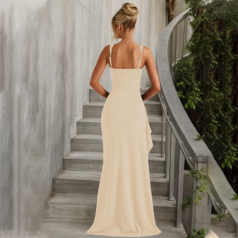 Women's Square Neck Ruched Waist High Slit Maxi Dress — Sexy Sleeveless Stretch Crepe Formal Evening Gown, Elegant Party Dress XS–XL in 17 Colors
