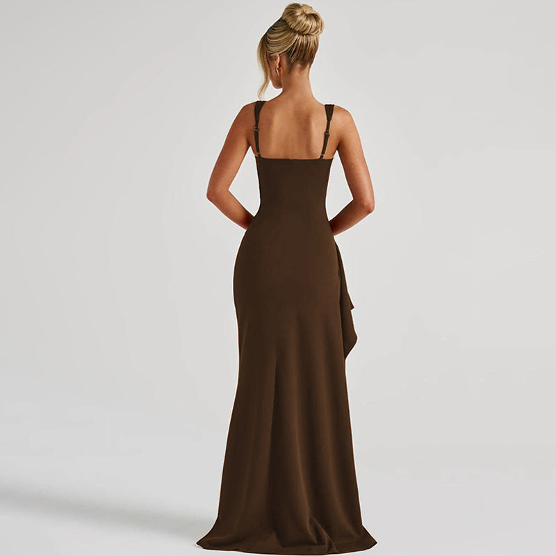 Women's Square Neck Ruched Waist High Slit Maxi Dress — Sexy Sleeveless Stretch Crepe Formal Evening Gown, Elegant Party Dress XS–XL in 17 Colors
