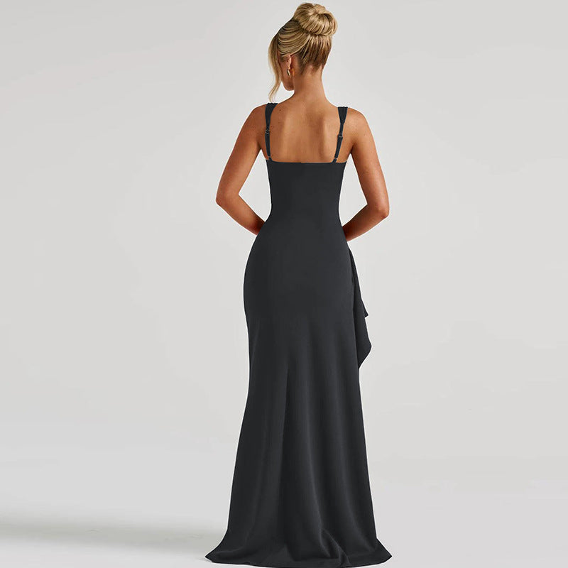 Women's Square Neck Ruched Waist High Slit Maxi Dress — Sexy Sleeveless Stretch Crepe Formal Evening Gown, Elegant Party Dress XS–XL in 17 Colors