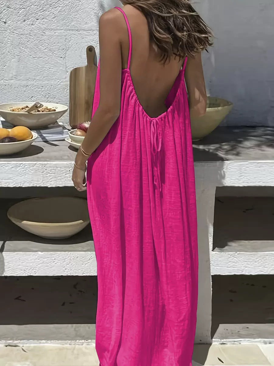 Women's Spaghetti Strap Open Back Loose Maxi Dress — Sexy Backless Slip Sundress, Adjustable Straps Casual Boho Beach Lounge Dress S–5XL in 25+ Colors