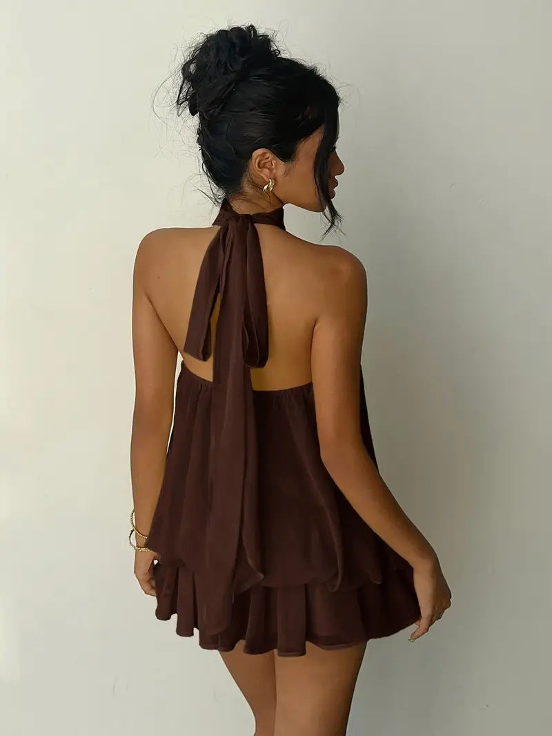 Sexy Chiffon Halter Mini Dress for Women, Island Vacation Backless Flowy Beach Dress, Summer Tea Dress