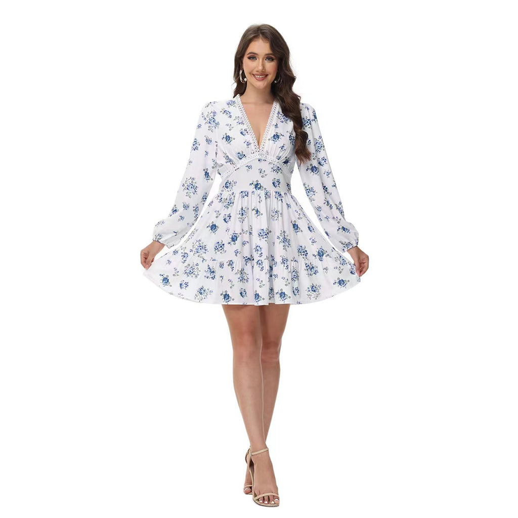 Women's V-Neck Lace Trim Floral Mini Dress — Romantic Puff Sleeve Tiered Ruffle Skirt Short Dress, Sweet Boho Floral Party Dress S–XXXL in 9 Prints